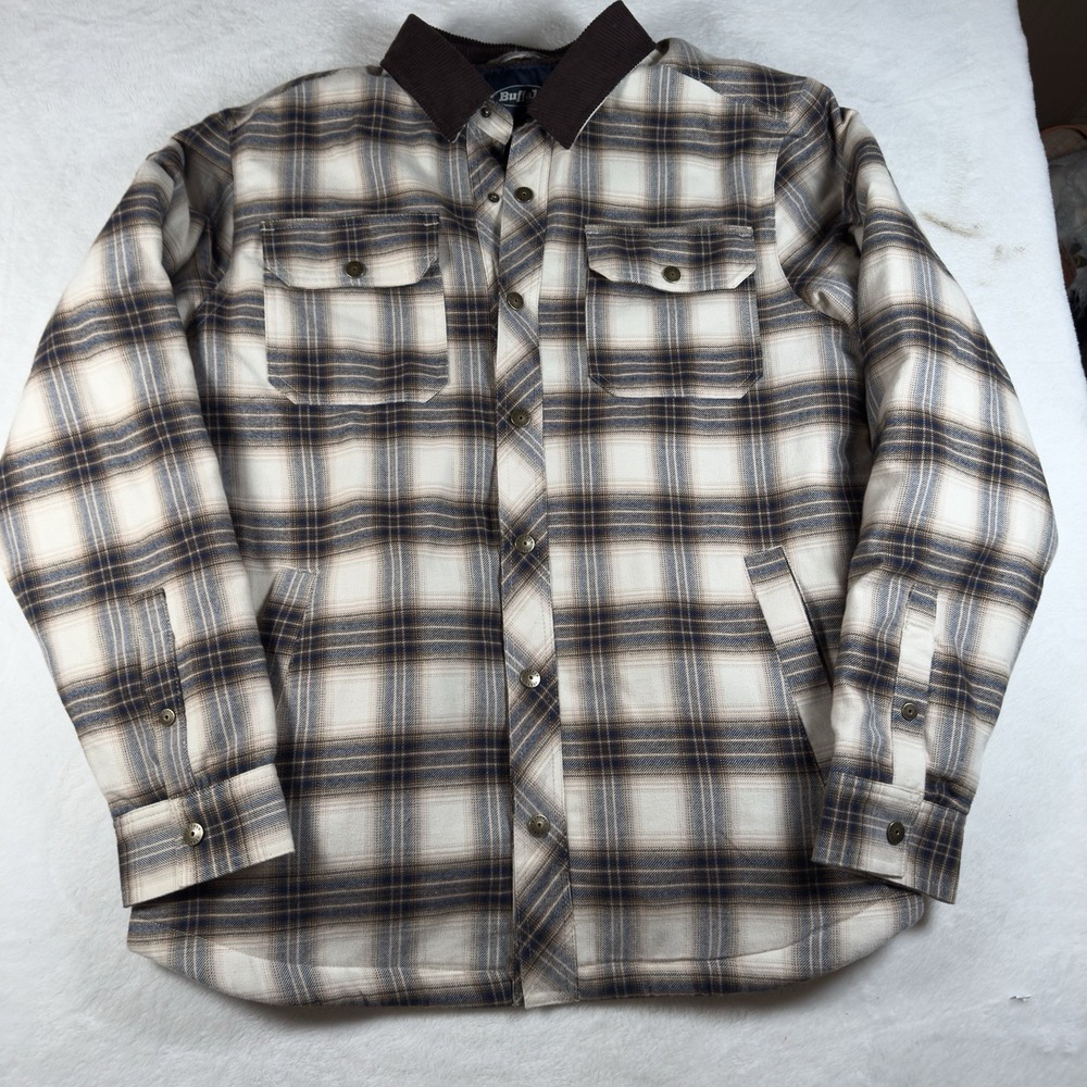 Buffalo Jeans Jordyn Sherpa Lined Flannel Shacket Mens L Tan Plaid Cord Collar